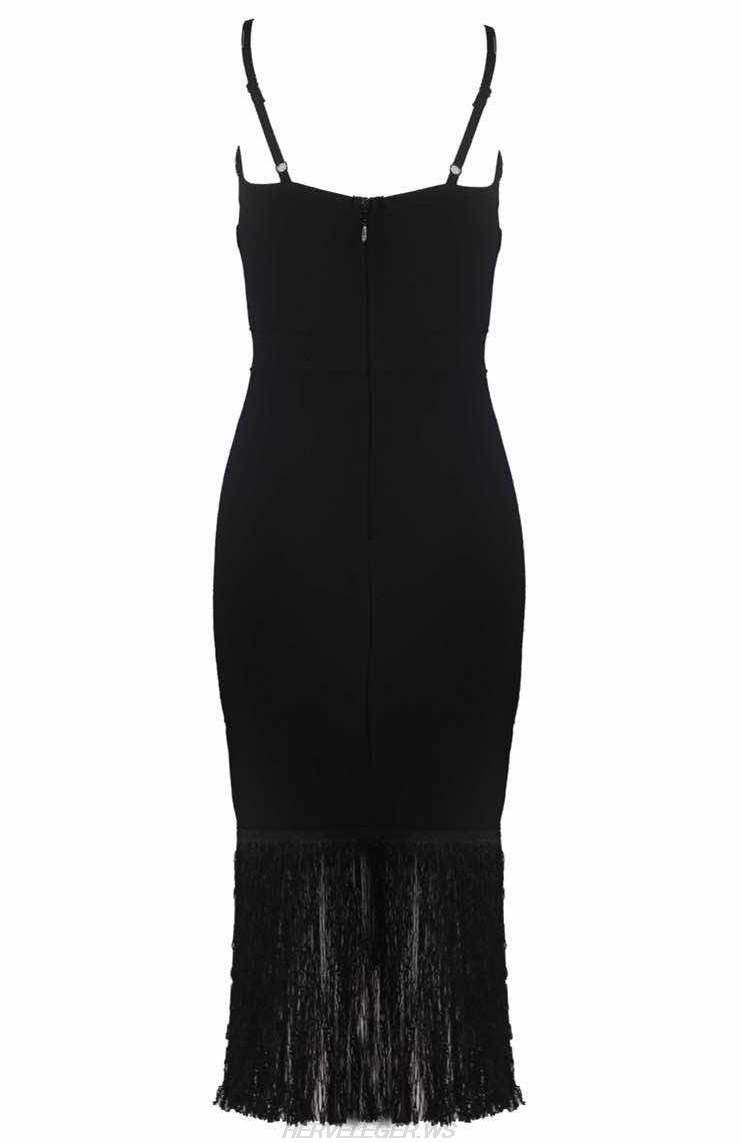 Herve Leger Black Asymmetric Tassel Dress