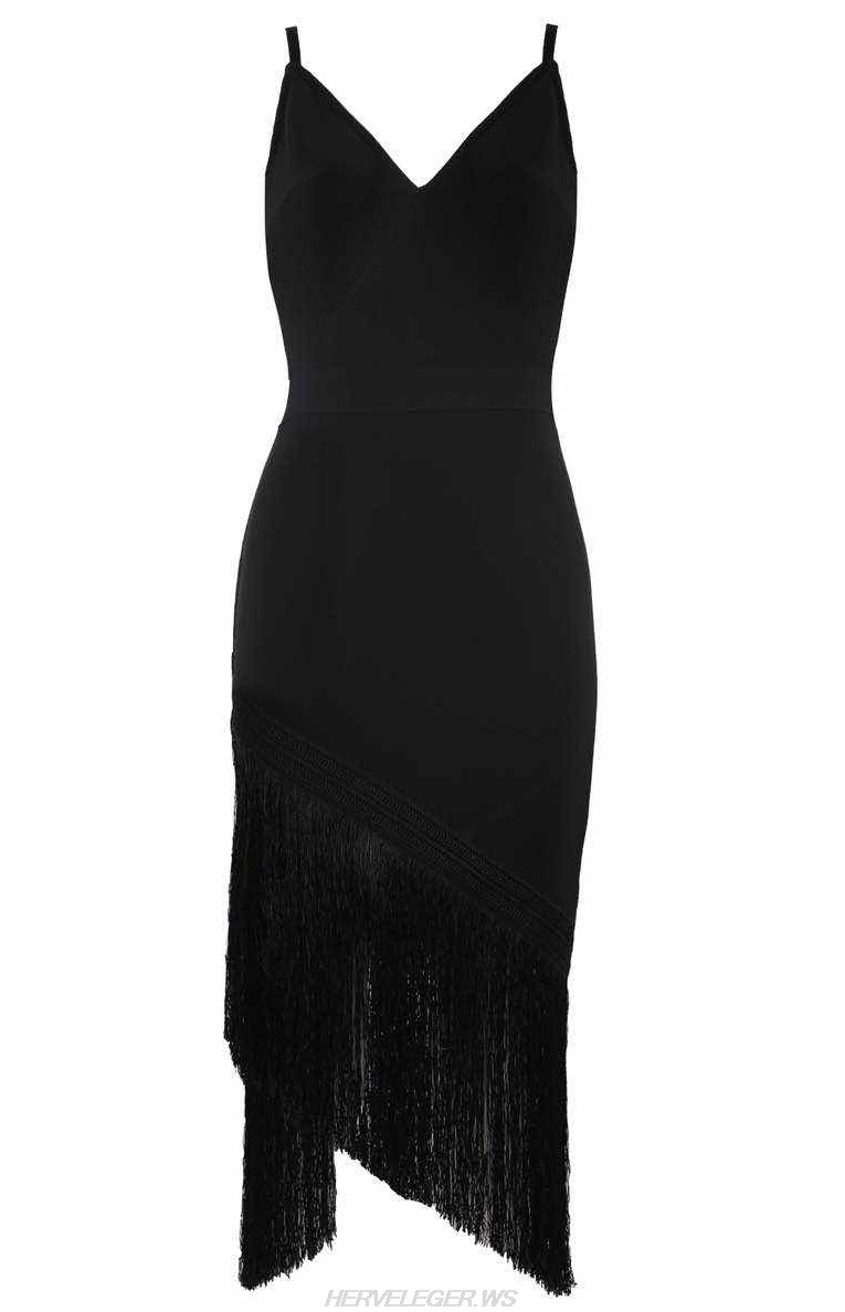 Herve Leger Black Asymmetric Tassel Dress