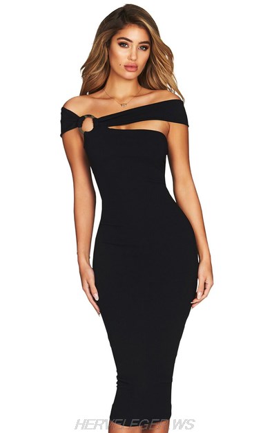 Herve Leger Black Bardot Asymmetric Dress