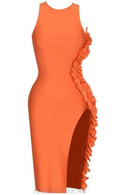 Herve Leger Orange Frill Detail Slit Bandage Dress