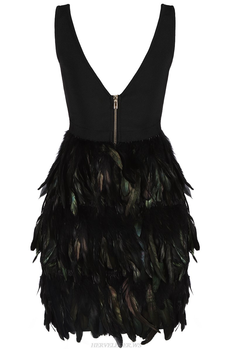 Herve Leger Black Plunge V Neck Feather Bandage Stars Dress