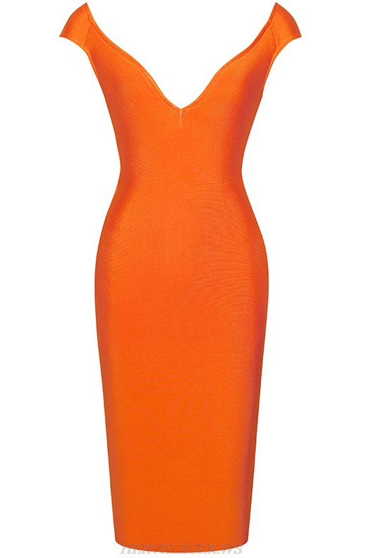 Herve Leger Orange V Neck Bandage Dress