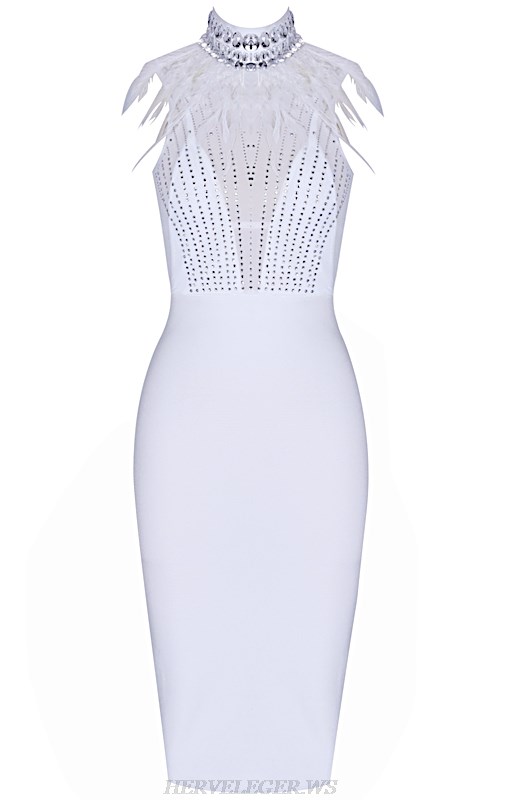 Herve  Leger White Feather Embellished Mesh Bandage Dress