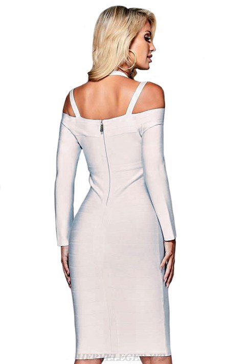 Herve  Leger White Long Sleeve Halter Bardot Bandage Dress