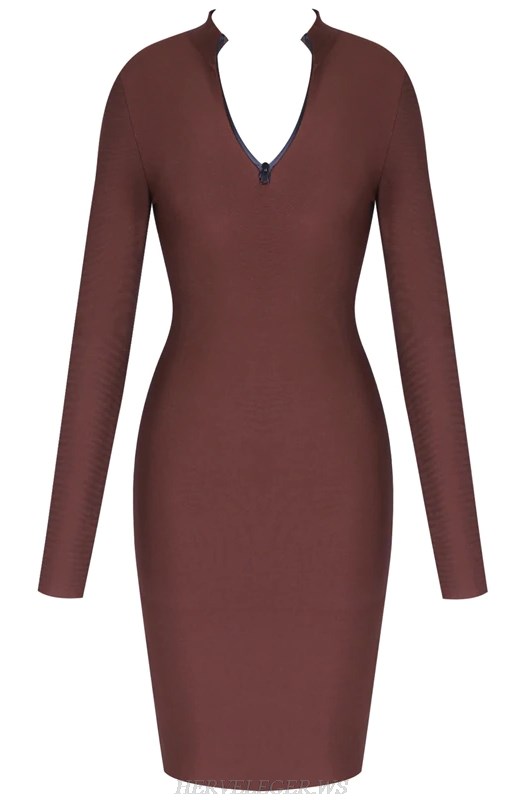 Herve  Leger Brown V Neck Long Sleeve Zipper Bandage Dress