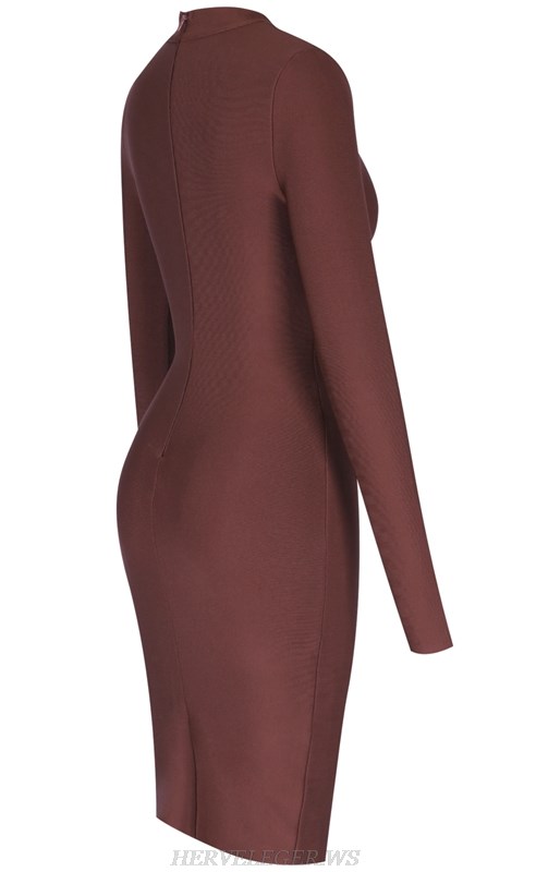 Herve  Leger Brown V Neck Long Sleeve Zipper Bandage Dress