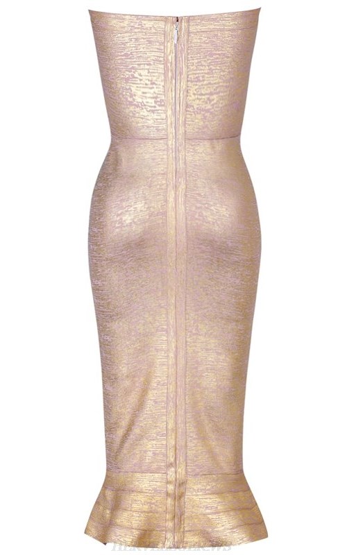 Herve Leger Gold Bardot Fluted Woodgrain Foil Print Bandage Dress