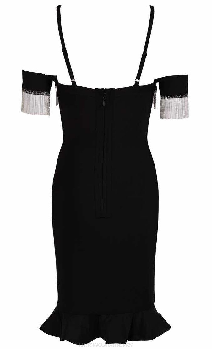 Herve Leger Black Embellished Bardot Fluted Bandage Dress