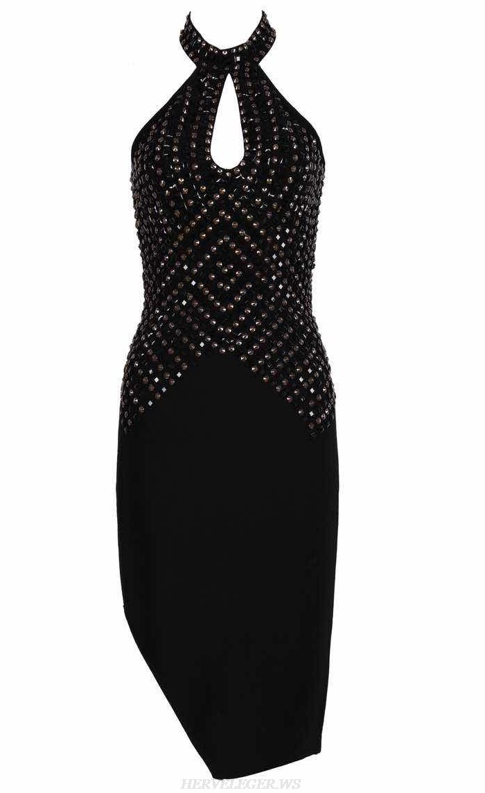 Herve Leger Black Halter Studded Bandage Dress