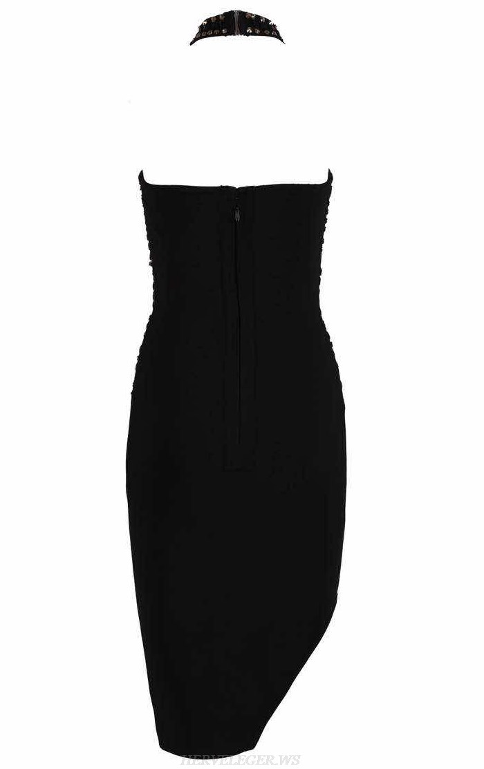 Herve Leger Black Halter Studded Bandage Dress