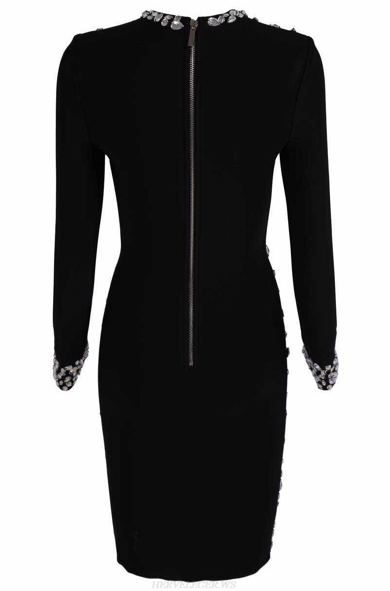 Herve Leger Black Long Sleeve Embellished Bandage Dress