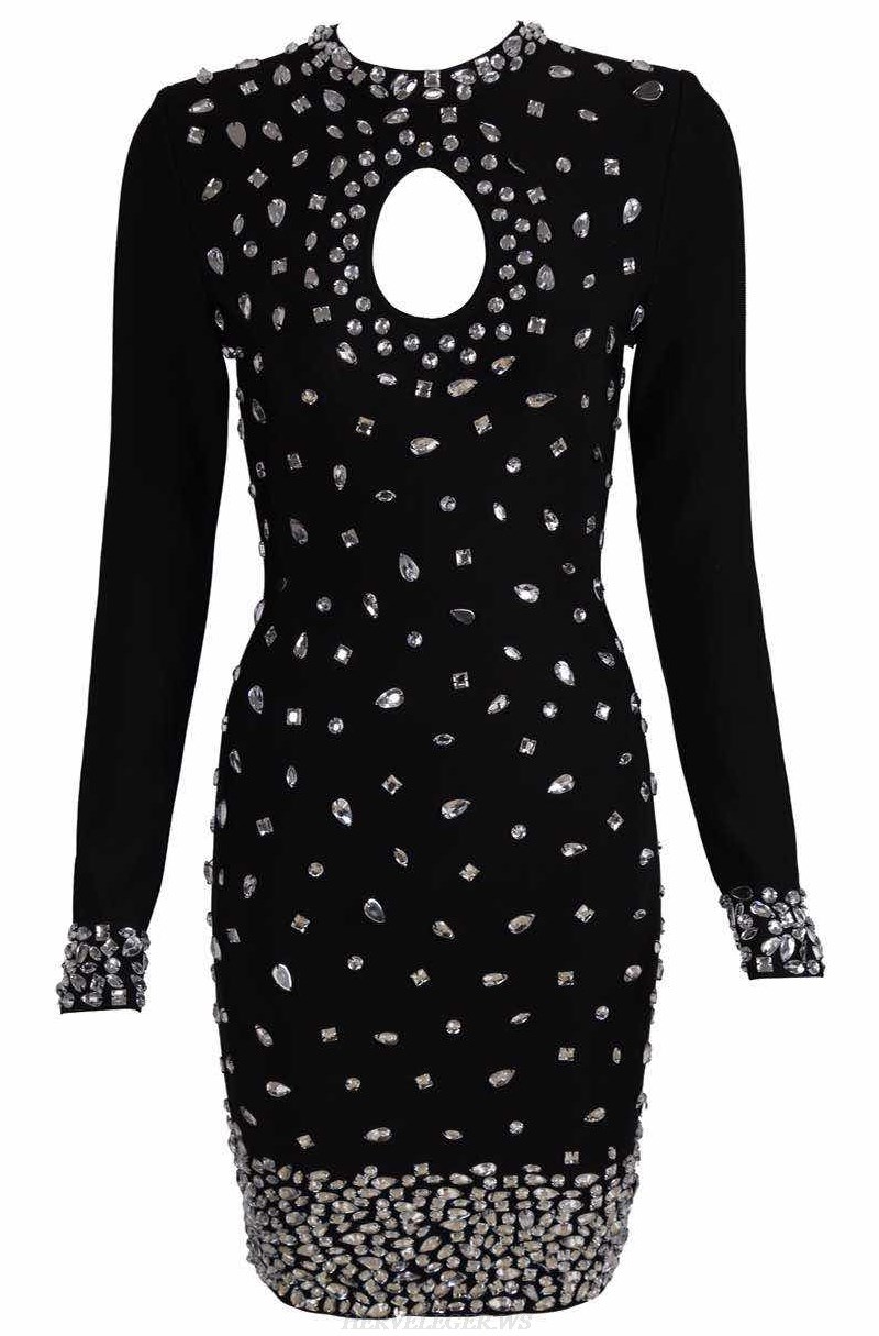 Herve Leger Black Long Sleeve Embellished Bandage Dress