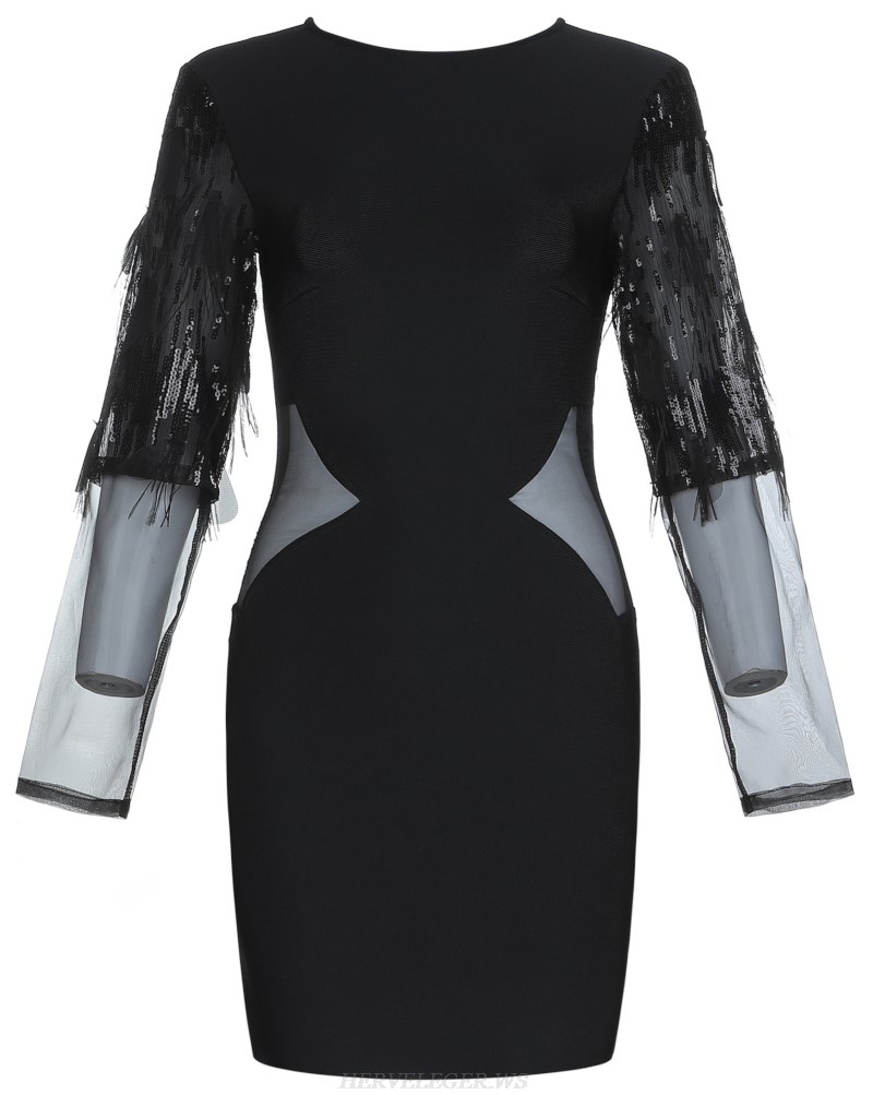 Herve Leger Black Long Sleeve Mesh Sequin Bandage Dress