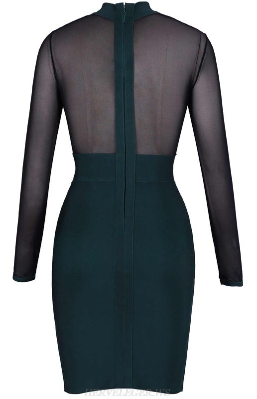 Herve Leger Black Green Long Sleeve Mesh Studded Bandage Dress