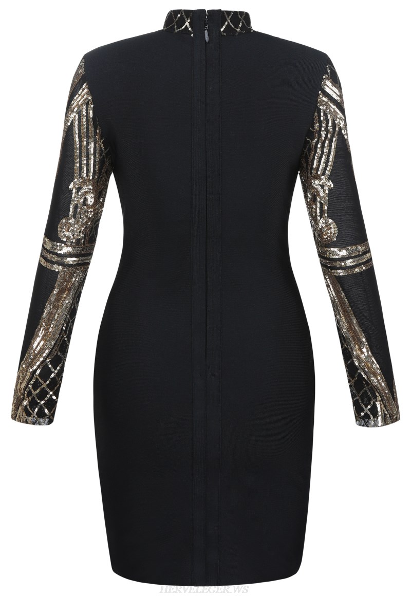 Herve Leger Black Gold Long Sleeve Sequin Bandage Dress