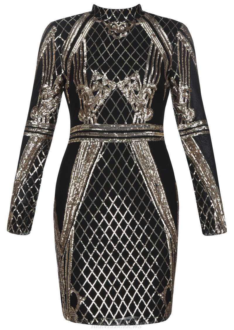 Herve Leger Black Gold Long Sleeve Sequin Bandage Dress