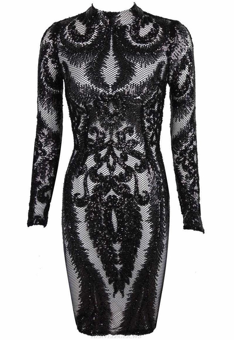 Herve Leger Black Long Sleeve Sequin Dress