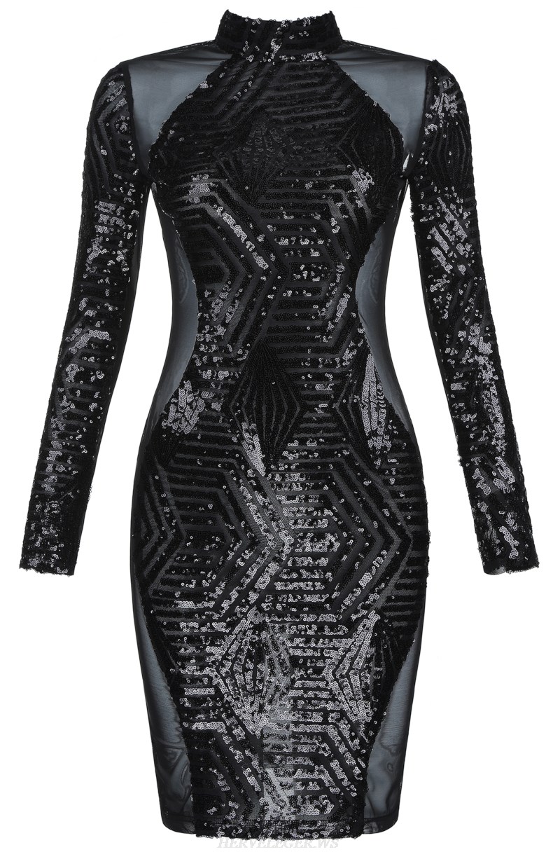 Herve Leger Black Long Sleeve Sequin Mesh Backless Dress