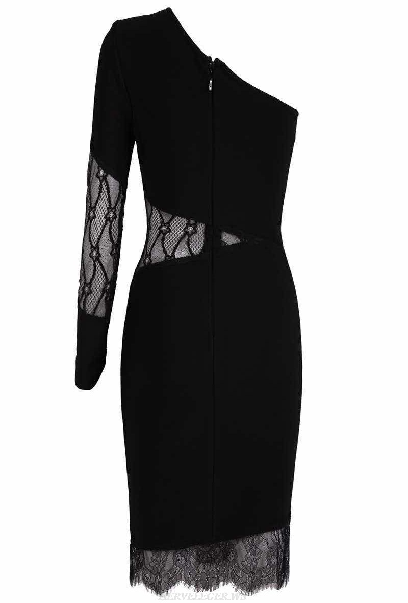 Herve Leger Black One Sleeve Lace Bandage Dress