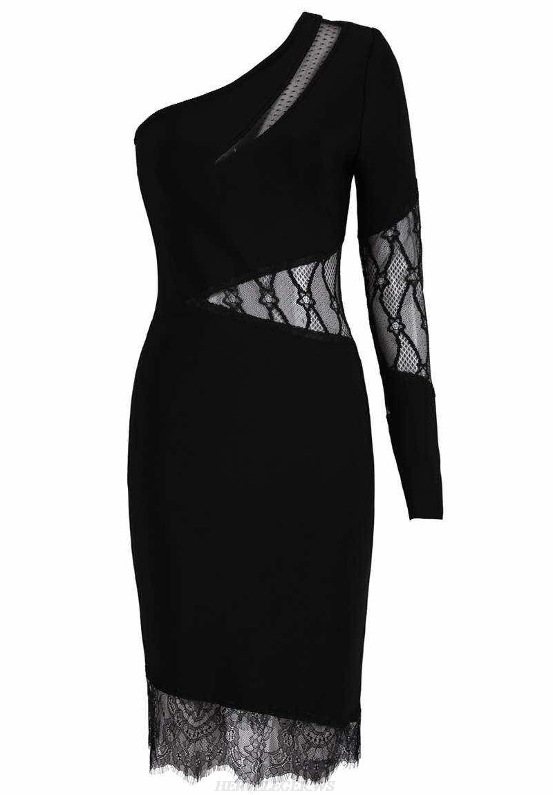 Herve Leger Black One Sleeve Lace Bandage Dress