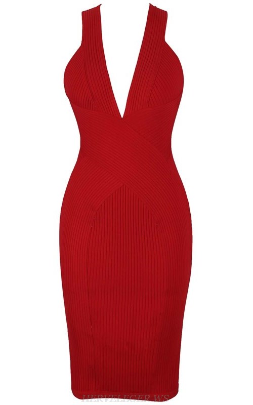 Herve Leger Red Plunge V Neck Ribbed Bandage Dress