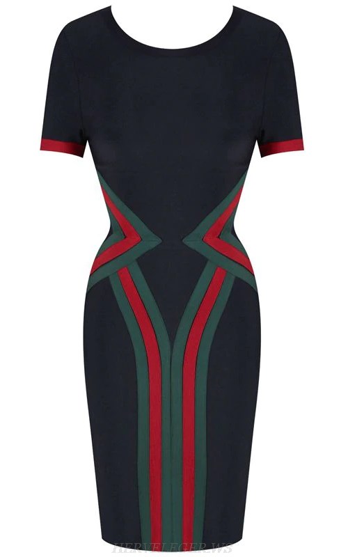 Herve Leger Black Red Green Short Sleeve Bandage Dress