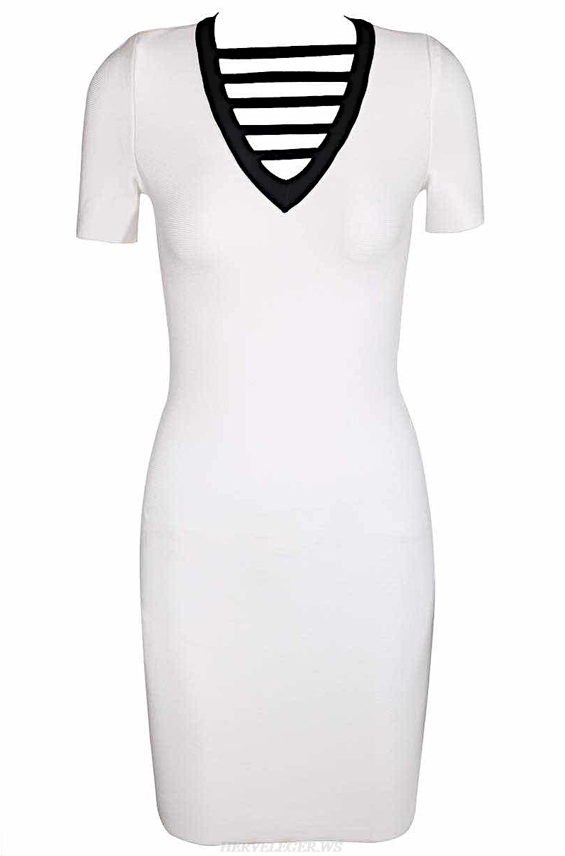 Herve Leger Black And White Short Sleeve Bandage Dress