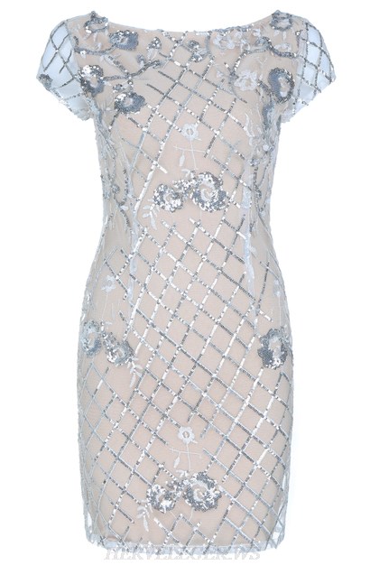 Herve Leger Nude Silver Short Sleeve Sequin Bandage Dress