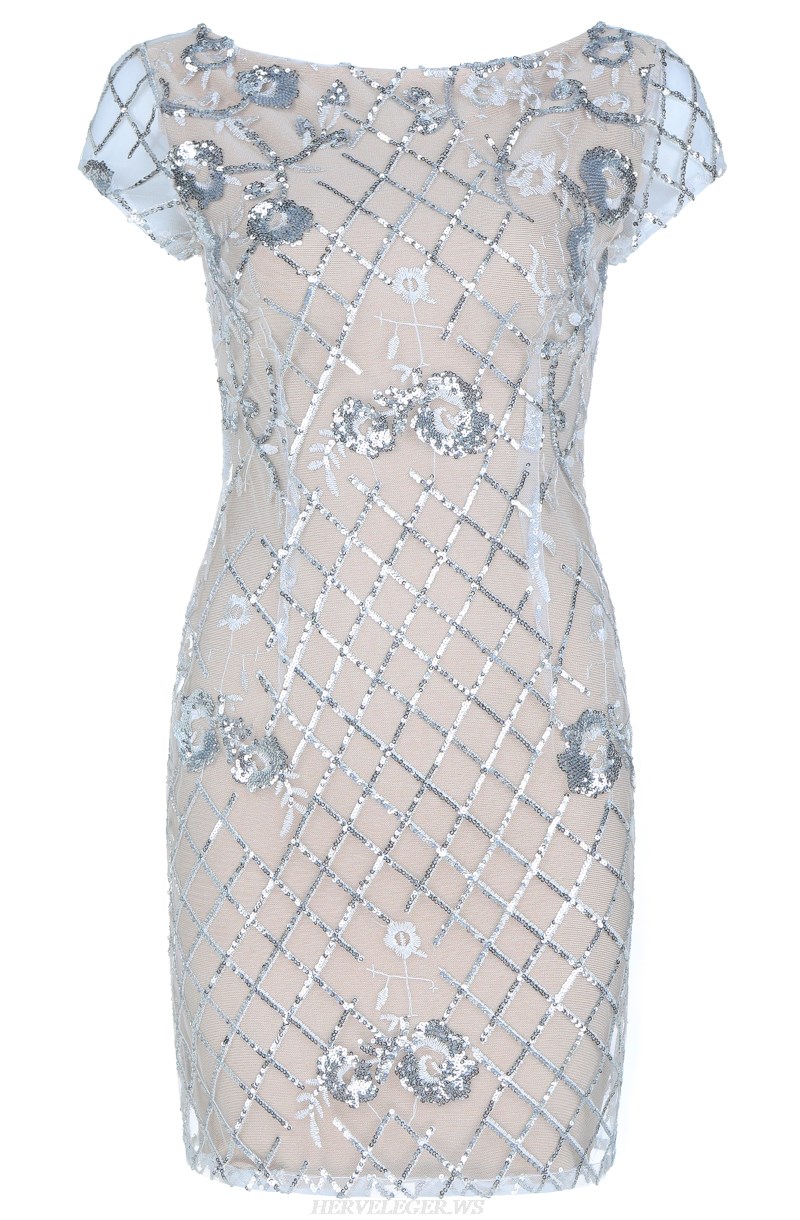 Herve Leger Nude Silver Short Sleeve Sequin Bandage Dress