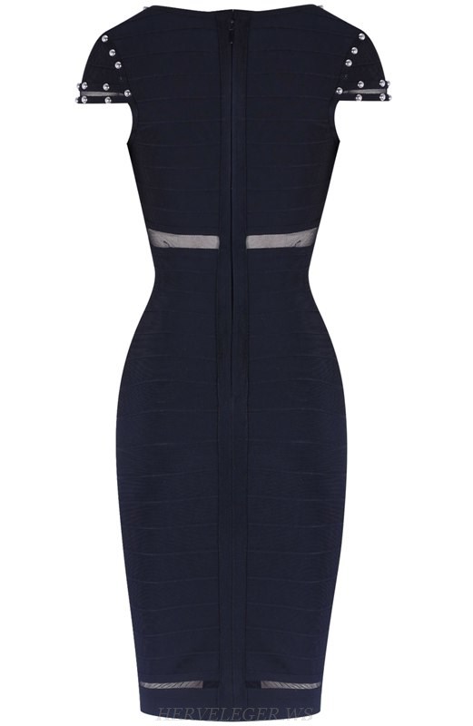 Herve Leger Black Studded Mesh Bandage Dress