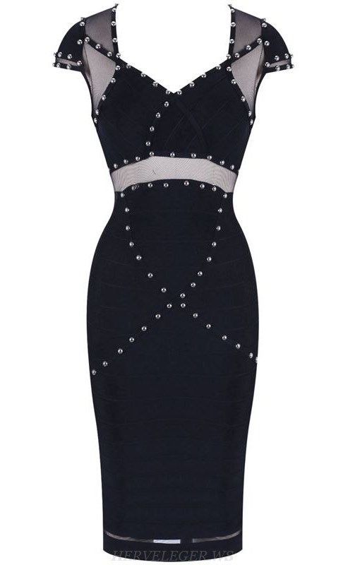 Herve Leger Black Studded Mesh Bandage Dress