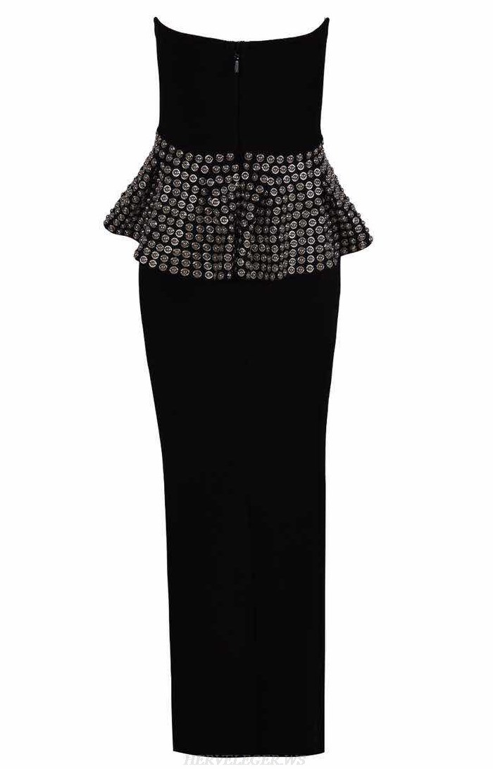 Herve Leger Black Strapless Bandeau Embellished Peplum Stars Gown