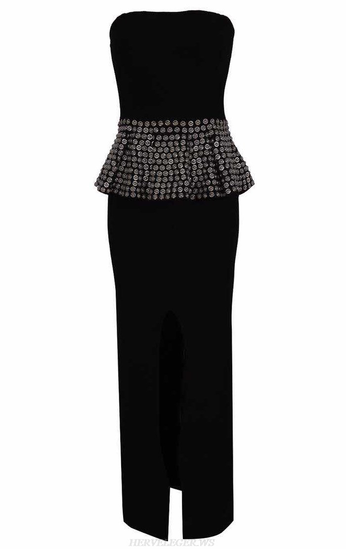 Herve Leger Black Strapless Bandeau Embellished Peplum Stars Gown