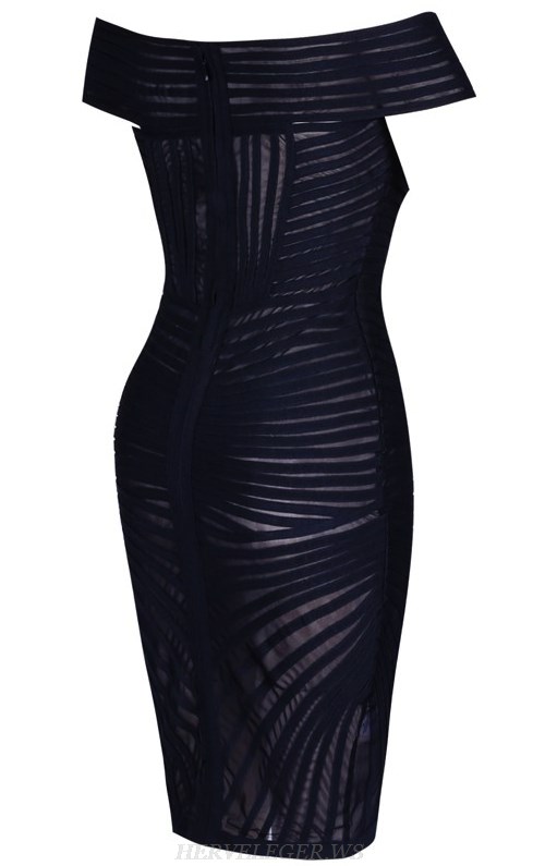 Herve Leger Black Bardot Mesh Bandage Dress