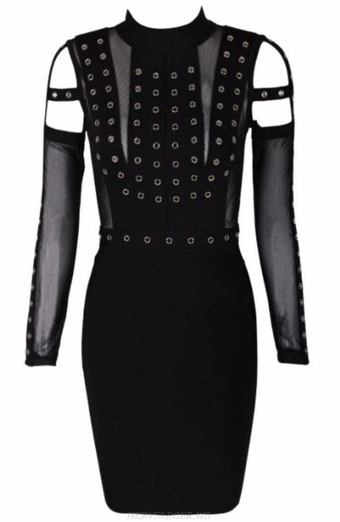 Herve Leger Black Cold Shoulder Studded Mesh Bandage Dress