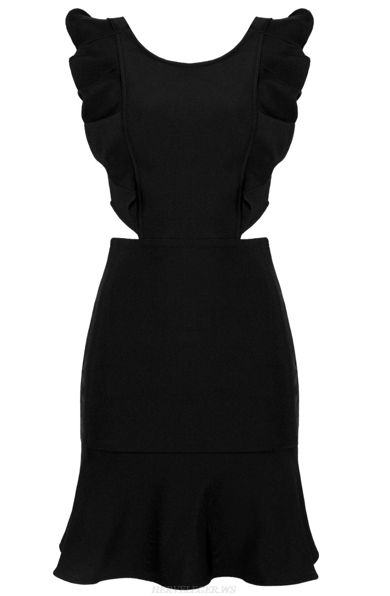 Herve Leger Black A Line Frill Fluted Bandage Dress