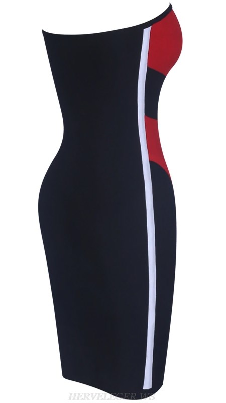 Herve Leger Black White Red Strapless Front Zipper Bandeau Bandage Dress