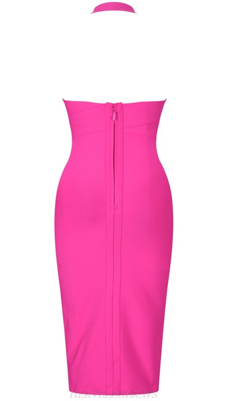 Herve Leger Hot Pink V Meck Halter Backless Bandage Dress