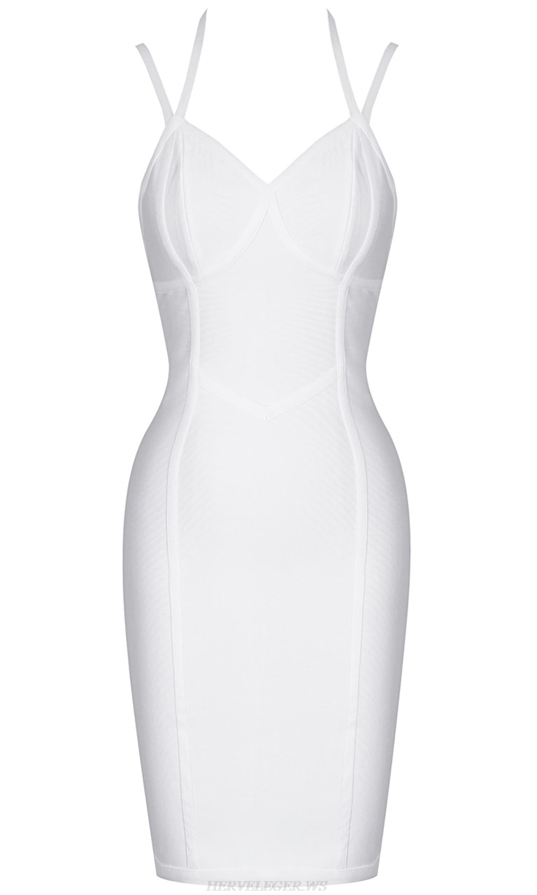 Herve Leger White Halter Structured Straps Bandage Dress