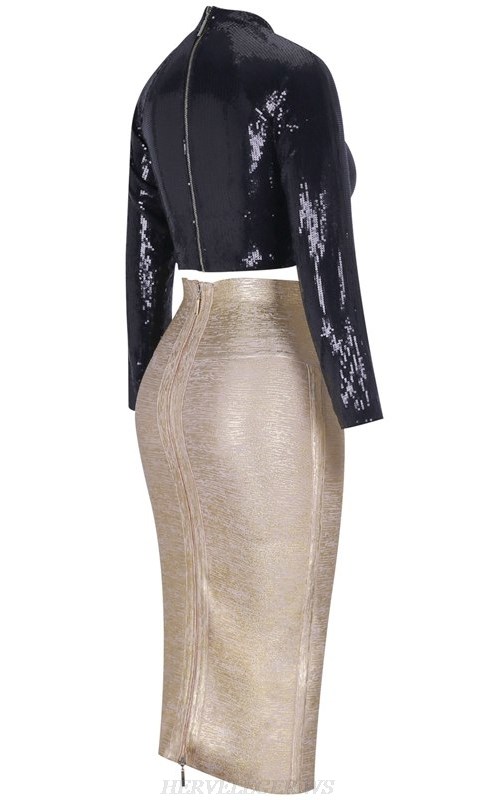 Herve Leger Black Gold Long Sleeve Sequin Foil Two Piece Bandage Dress