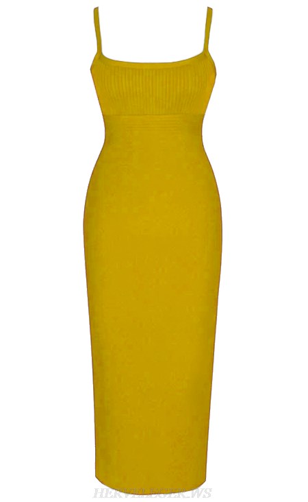 Herve Leger Mustard Ribbed Detail Bandage Dress