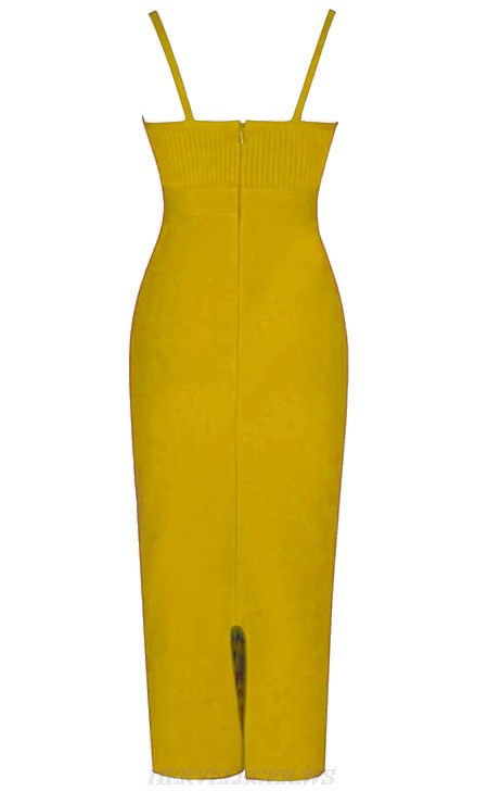 Herve Leger Mustard Ribbed Detail Bandage Dress