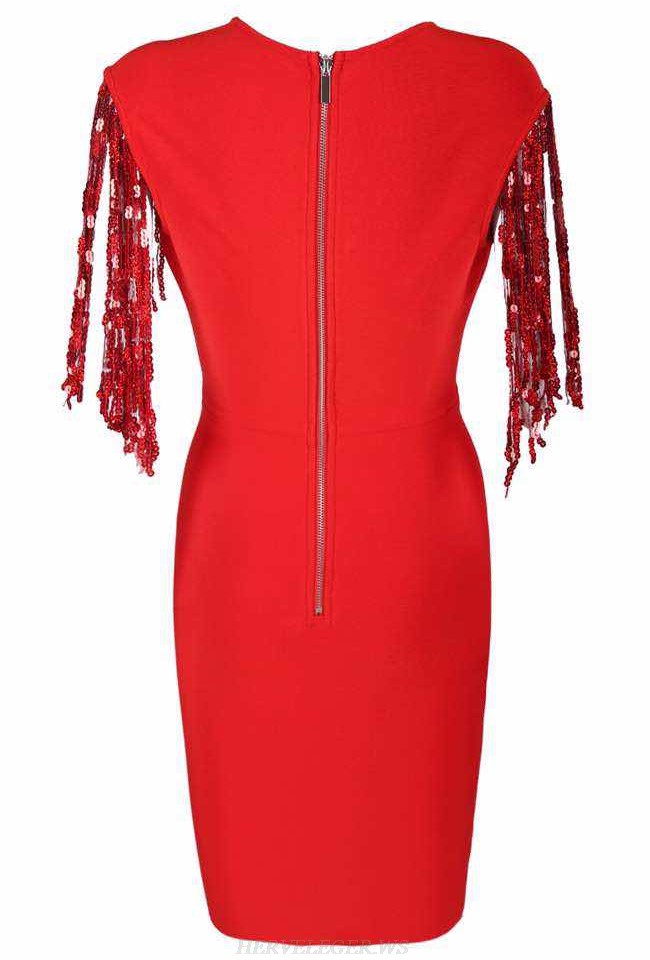 Herve Leger Red V Neck Sequin Tassel Bandage Dress