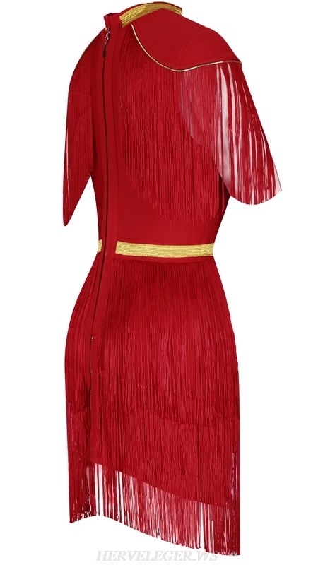 Herve Leger Red Gold Tassel Stars Bandage Dress