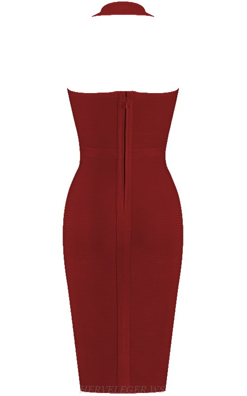 Herve Leger Burgundy V Neck Halter Ribbed Bandage Dress