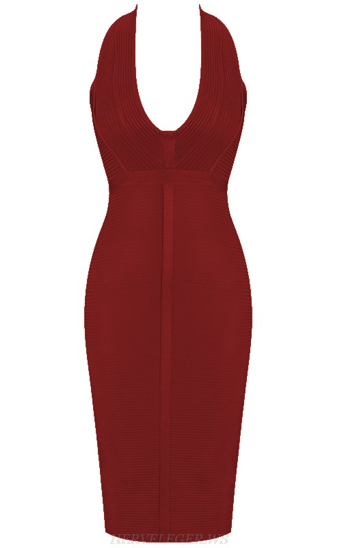 Herve Leger Burgundy V Neck Halter Ribbed Bandage Dress