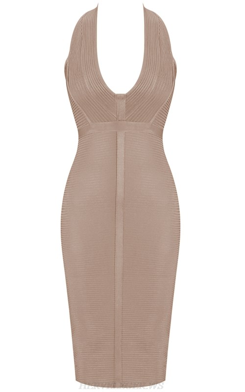 Herve Leger Nude V Neck Halter Ribbed Bandage Dress