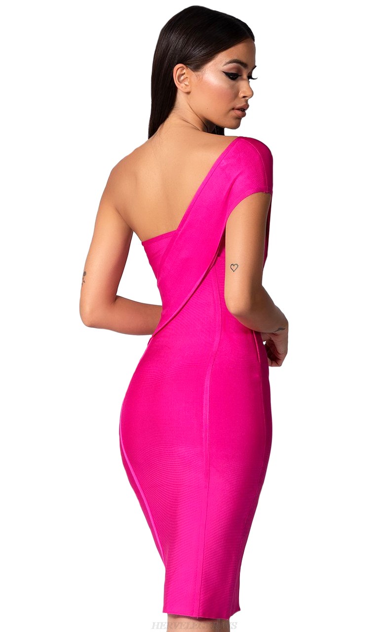 Herve Leger Pink One Shoulder Bandage Dress