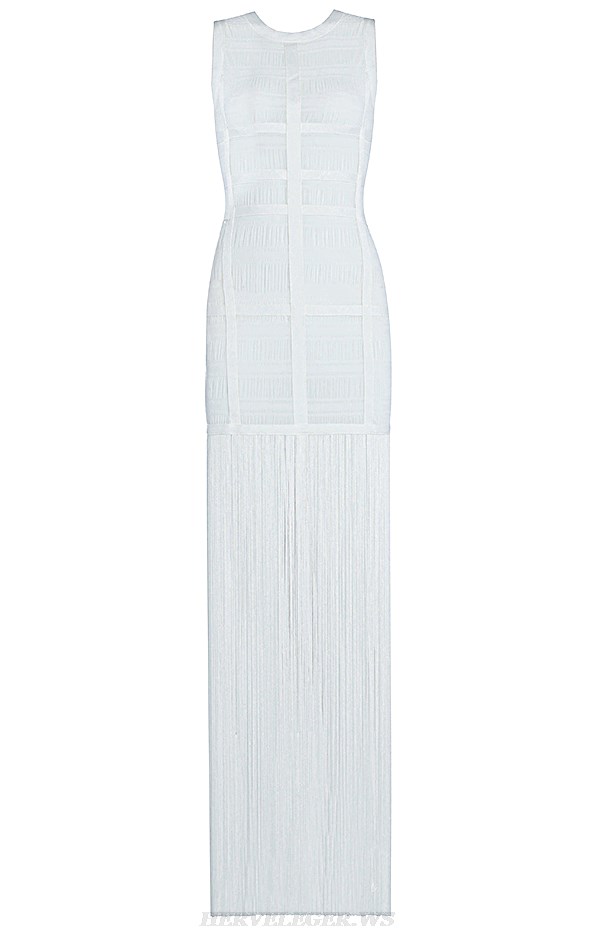 Herve Leger White Caged Mesh Fringe Stars Gown