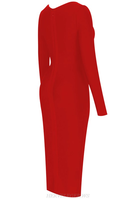 Herve Leger Red Long Sleeve Cut Out Bandage Dress